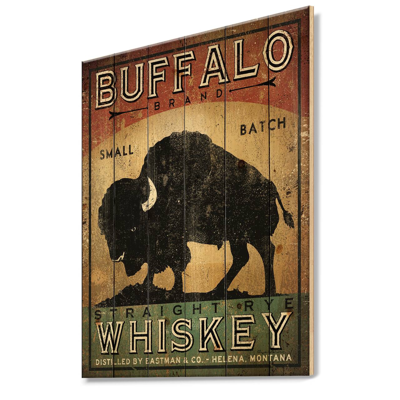 Designart - Vintage Buffalo Whiskey - Wildlife Print on Natural Pine Wood
